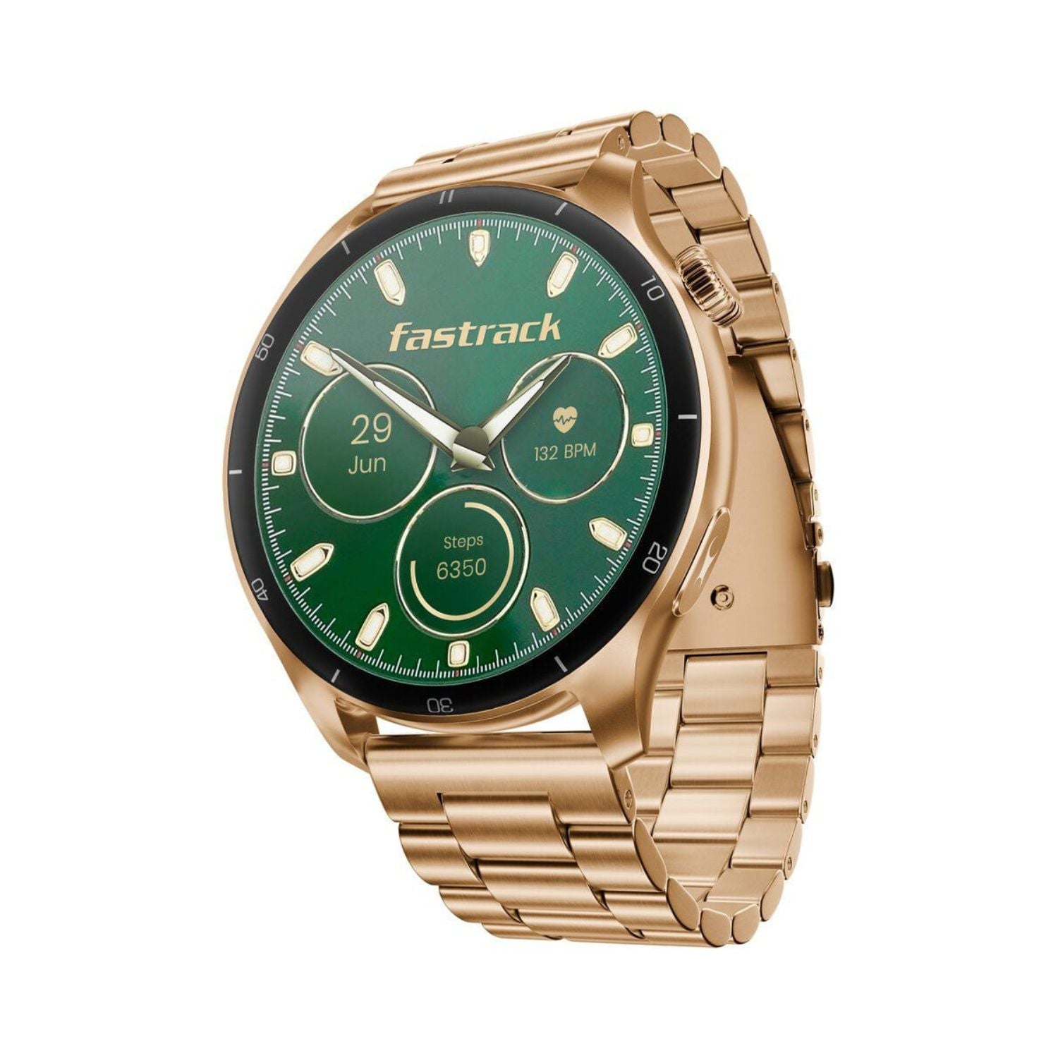Rose gold Fastrack smartwatch with round case, green AMOLED display, metal link band.